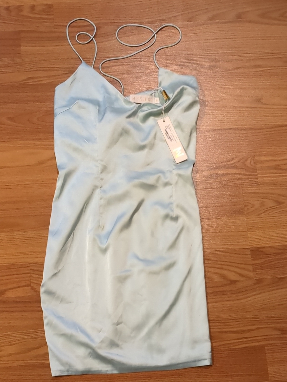 MESHKI NWT Annie Lace Up Back Satin Mini Dress Sage Size Medium - Picture 6 of 8